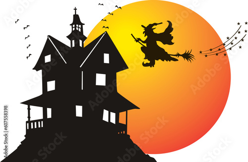 Vector. Halloween theme with dark house full moon and witch.