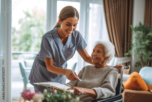 Young nurse assisting a senior in a nursing home. Elderly patient care concept. Generative AI