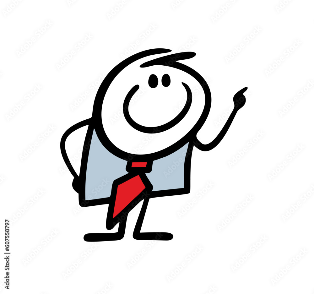 Obraz premium Funny businessman in office suit pointing up with finger. Vector illustration of stickman showing the way.
