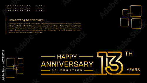 13th year anniversary template design with gold color, vector template illustration