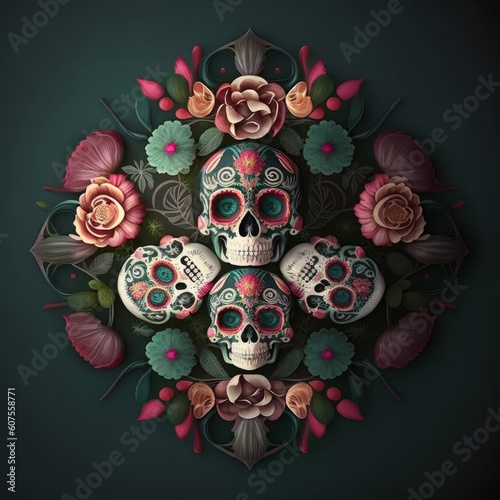 Day of the Dead skulls Mexican tradition,floral colorful skulls, Dia de los muertos