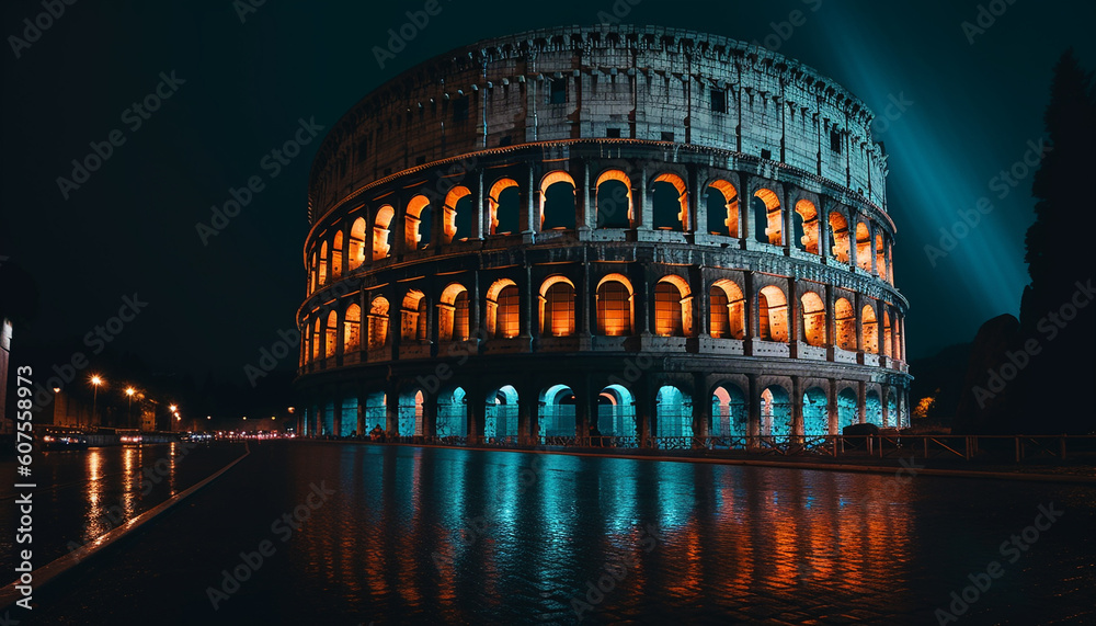 Illuminated arches reflect on water, ancient history illuminated generated by AI