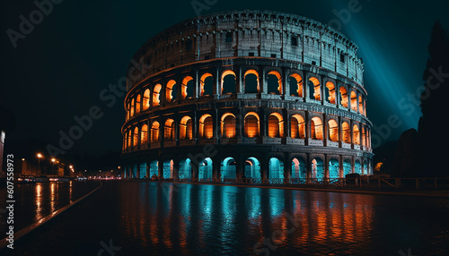Illuminated arches reflect on water, ancient history illuminated generated by AI