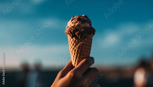 Hand holding ice cream cone, summer refreshment generated by AI