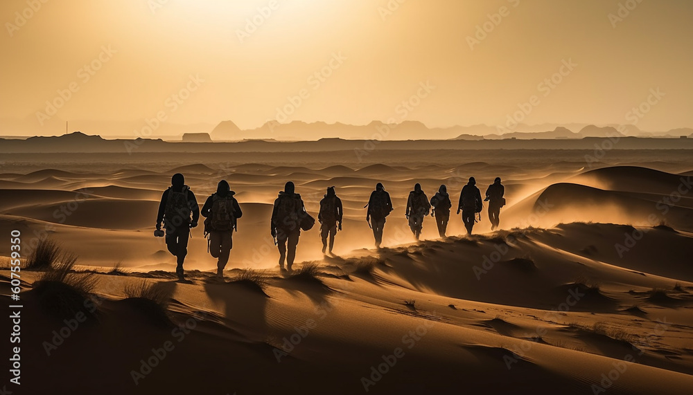Silhouette of men walking on arid dune generated by AI