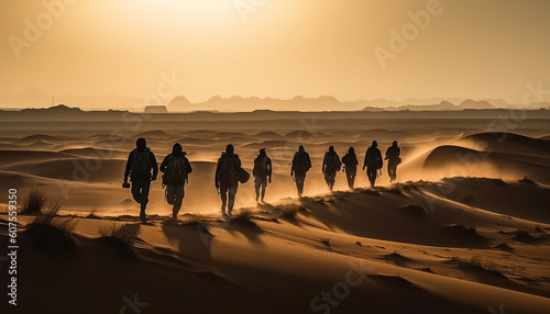 Silhouette of men walking on arid dune generated by AI