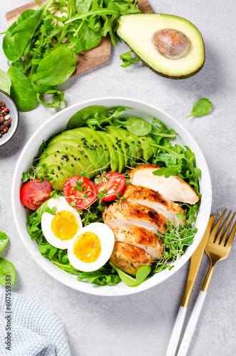 Grilled Chicken Fillet with Fresh Salad, Cherry Tomatoes, Boiled Egg and Avocado, Budha Bowl, Keto Paleo Diet Menu