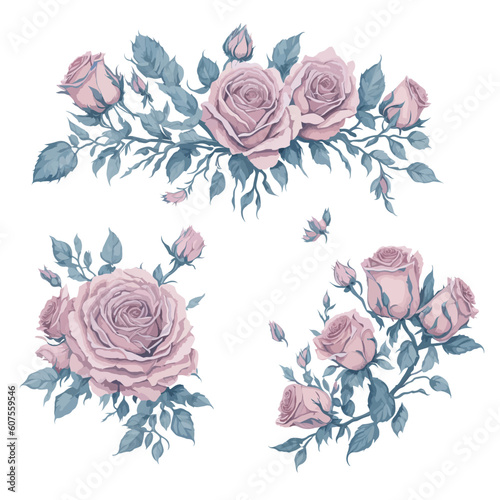 Pink Rose Flower Arrangement Watercolor Illustration Set