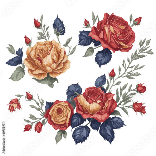 Set of Red and Gold Rose Flower Arrangement Watercolor Illustration