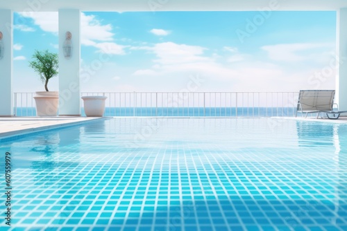 stock photo of swimming pool on the apartment beach vibe photography Generative AI © NikahGeh