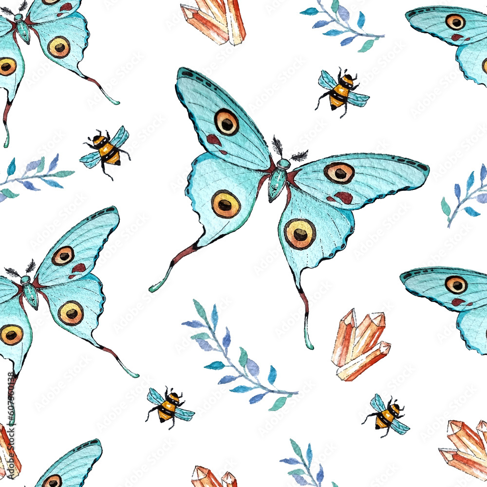 Fototapeta premium Watercolor blue butterfly. Vector seamless texture with artistic illustration with krystall and butterfly. Textile seamless