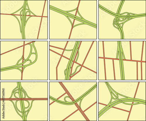 Set of editable vector road intersection illustrations