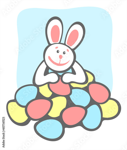 Cheerful  rabbit and easter eggs  on a blue background. Easter illustration.