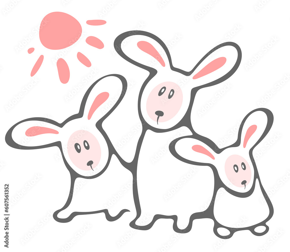 Obraz premium Three white rabbits and sun isolated on a white background.