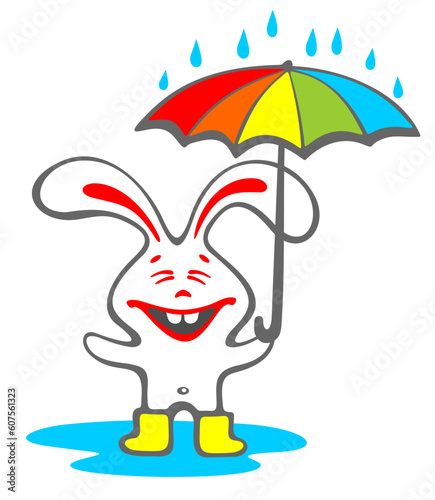 Happy rabbit with a umbrella isolated on a white background.