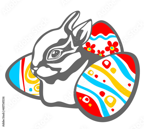 Cheerful rabbit and easter eggs isolated on a white background. Easter illustration.