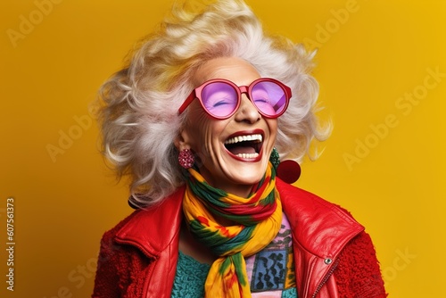 Cheerful cool senior woman portrait with colorful outfit.Generative AI
