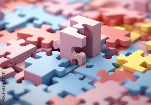 3D illustration of puzzle pieces in pastel color tones. Generative AI