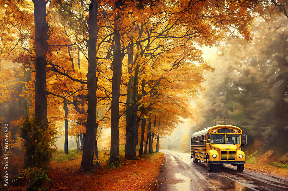 Obraz premium Yellow school bus created with Generative AI technology