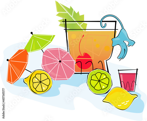 Retro-stylized cocktail spot illustration: Tequila Sunrise