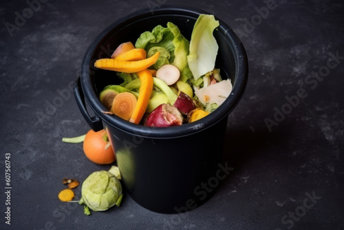 Uneaten unused spoiled vegetables thrown in the trash container. Food loss and food waste. Reducing wasted food, composting, rotten veggies in a trash. AI