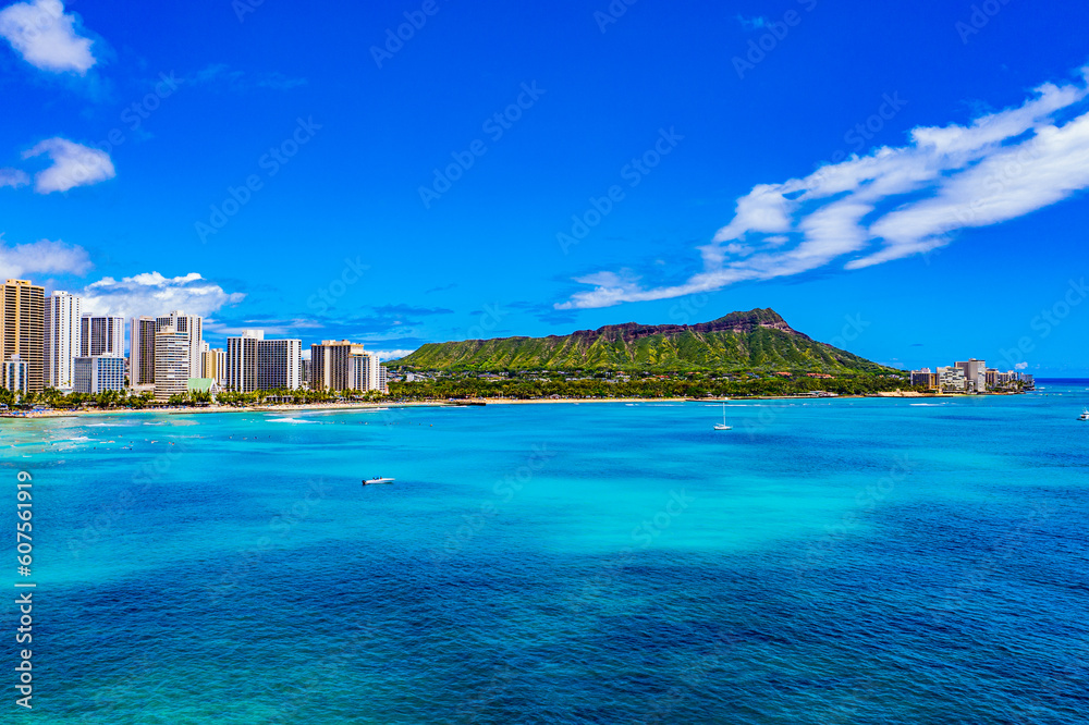 Aerial Splendor: Waikiki Coastline and Diamond Head Vista