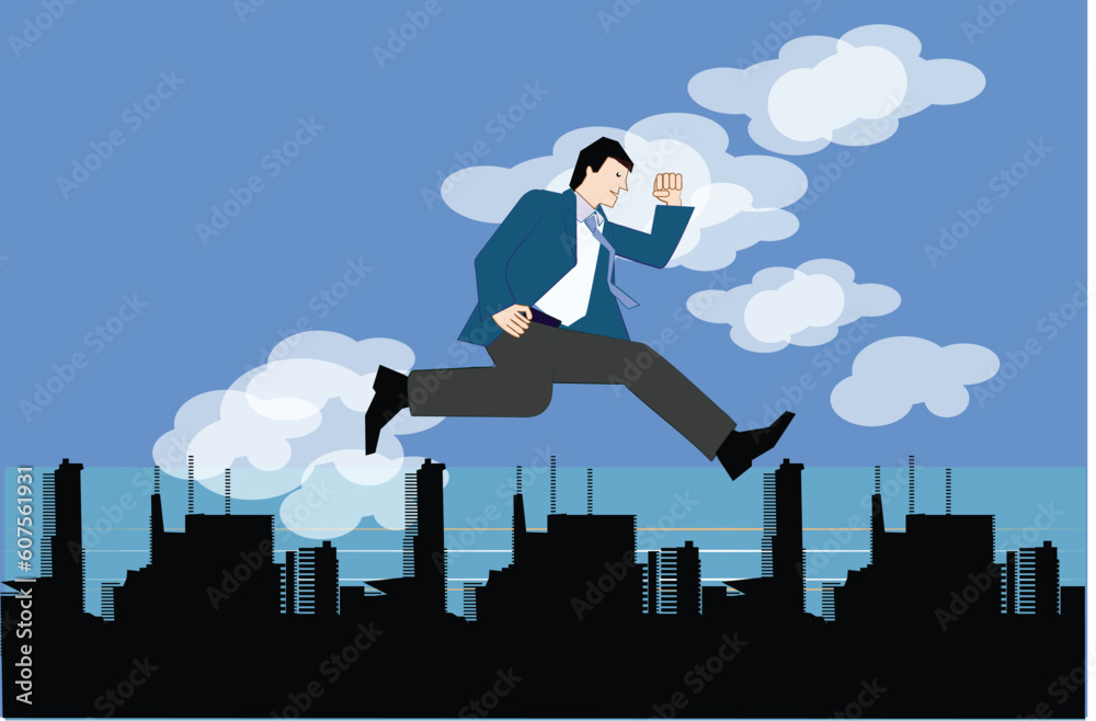a happy man flying in the sky with clouds moving behind the city a happy man flying in the sky with clouds moving behind the city