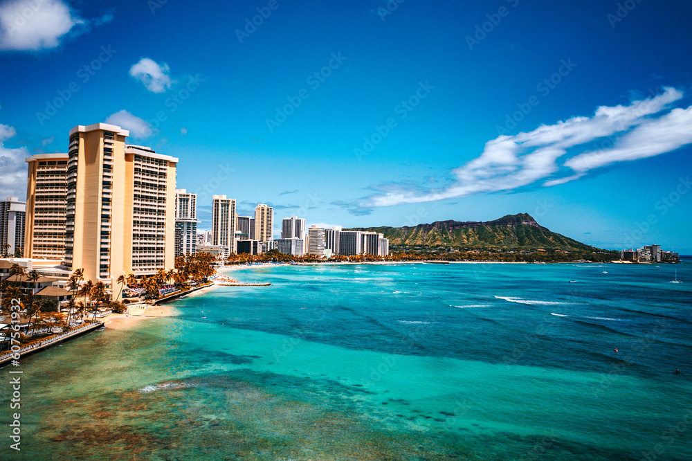 Aerial Splendor: Waikiki's Breathtaking Coastal Panorama Featuring Diamond Head