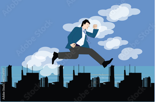 a happy man flying in the sky with clouds moving behind the city