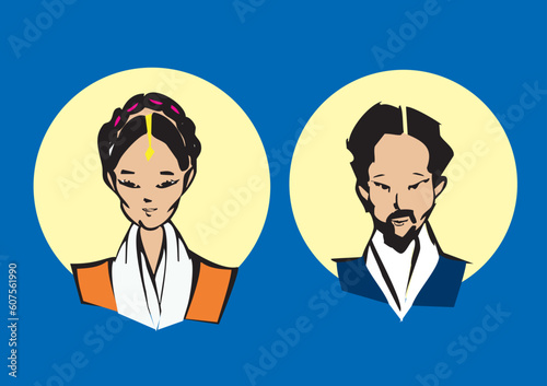 portraits / faces of woman and man - cartoons style