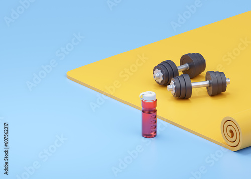 Fitness 3d render illustration - simple dumbbell, realistic water red bottle on yellow yoga mat