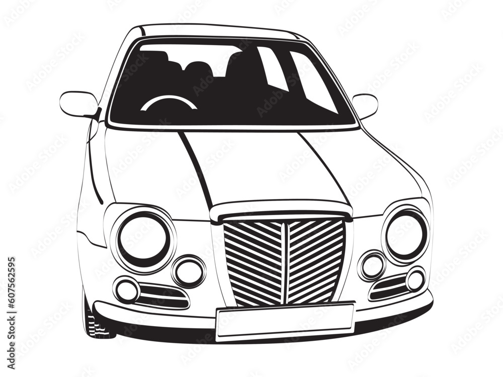 Vector black and white image of english car on white background.