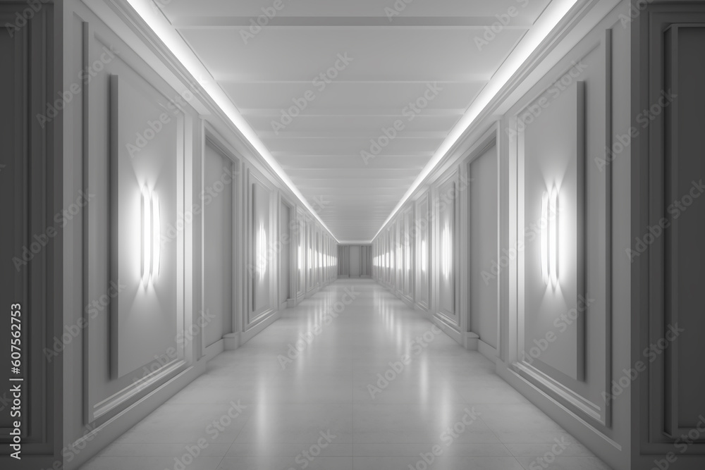 Illuminated corridor interior design. Empty Room Interior Background, creative ai