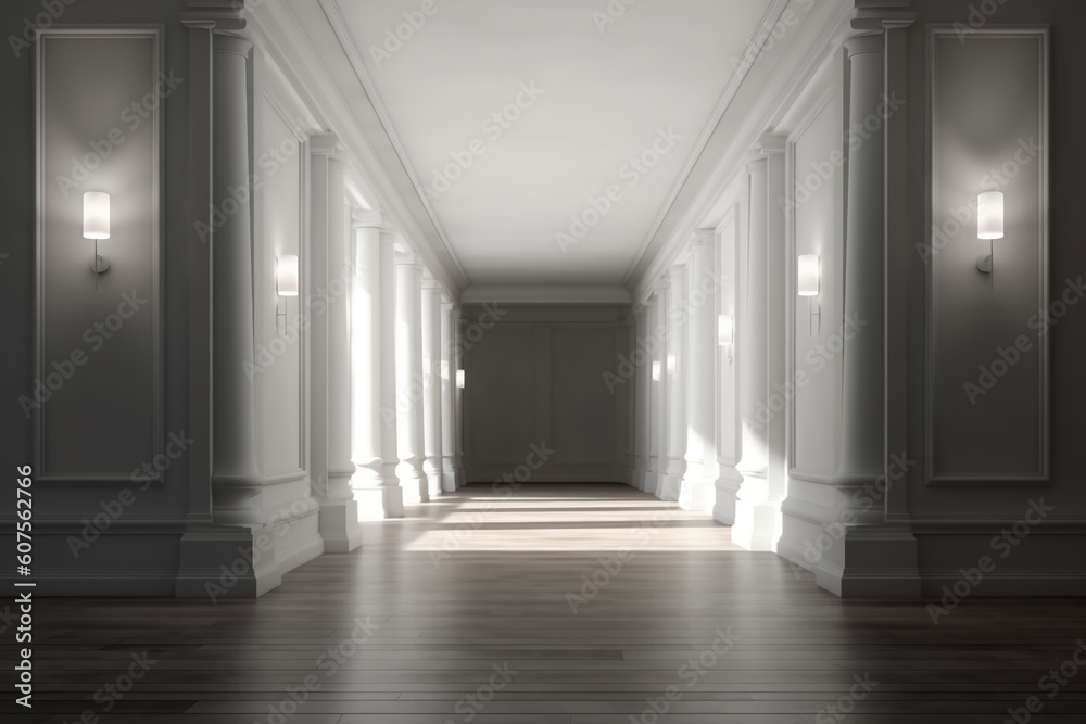 Fototapeta premium Illuminated corridor interior design. Empty Room Interior Background, creative ai