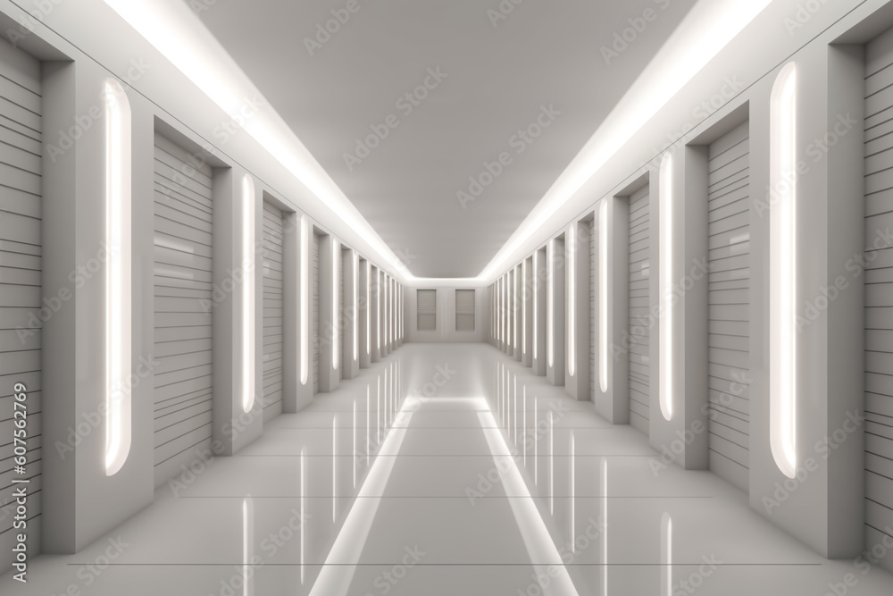 Obraz premium Illuminated corridor interior design. Empty Room Interior Background, creative ai