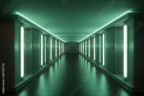 Illuminated corridor interior design. Empty Room Interior Background, creative ai © MUS_GRAPHIC