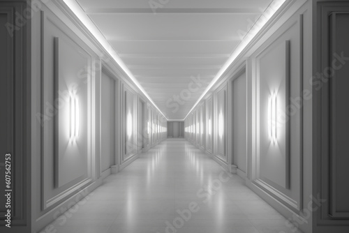 Illuminated corridor interior design. Empty Room Interior Background, creative ai