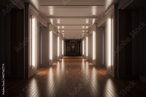 Illuminated corridor interior design. Empty Room Interior Background, creative ai