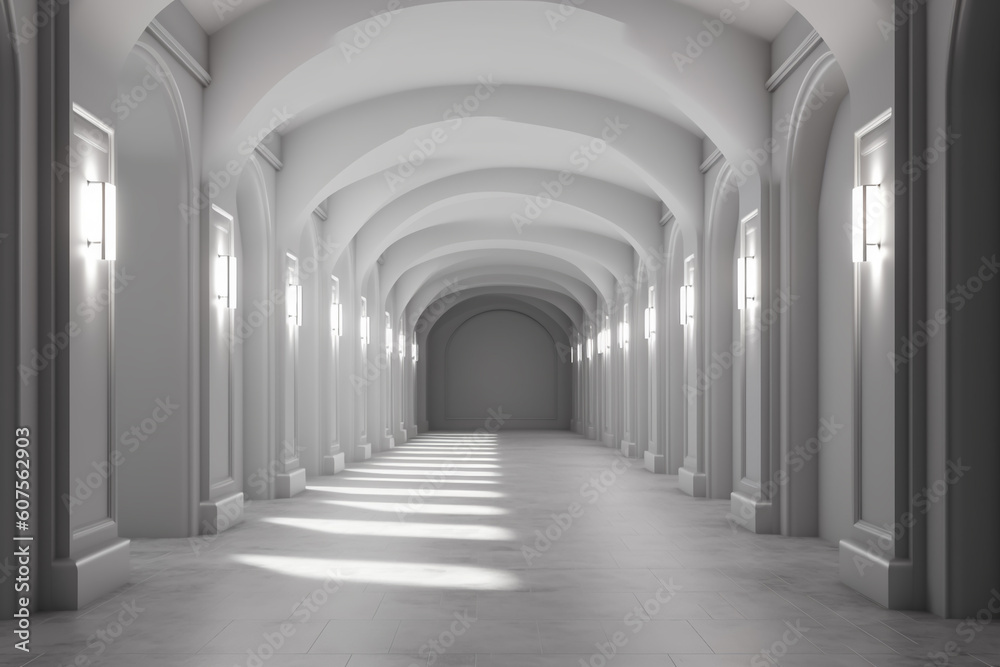 Illuminated corridor interior design. Empty Room Interior Background, creative ai