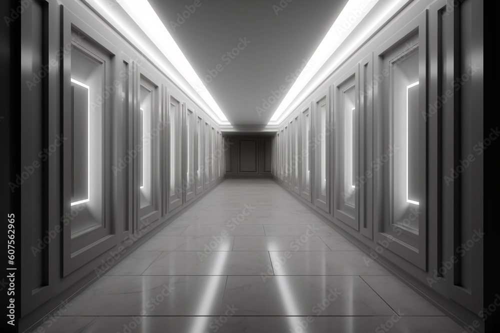 Illuminated corridor interior design. Empty Room Interior Background, creative ai