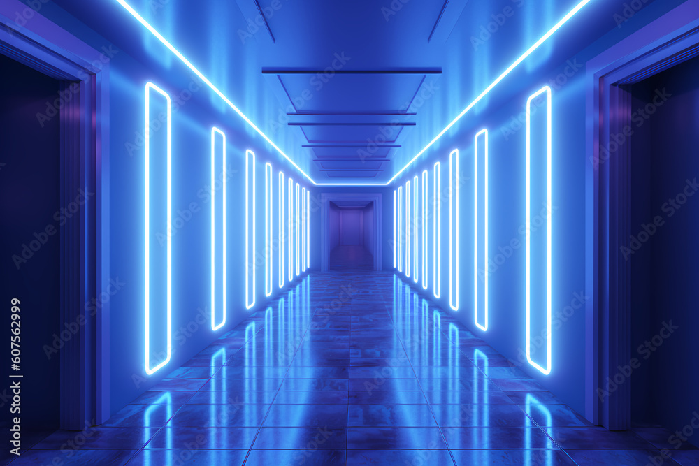 Illuminated corridor interior design. Empty Room Interior Background, creative ai