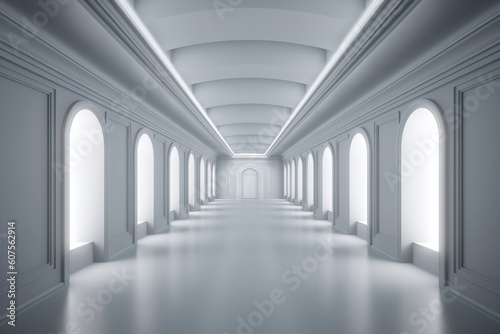 Illuminated corridor interior design. Empty Room Interior Background, creative ai