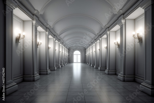 Illuminated corridor interior design. Empty Room Interior Background, creative ai