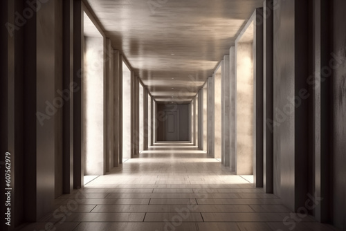 Illuminated corridor interior design. Empty Room Interior Background, creative ai © MUS_GRAPHIC