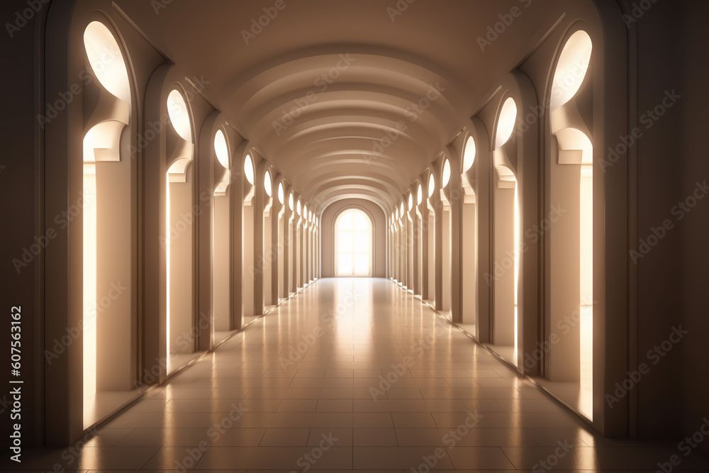 Fototapeta premium Illuminated corridor interior design. Empty Room Interior Background, creative ai