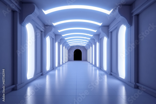 Illuminated corridor interior design. Empty Room Interior Background, creative ai