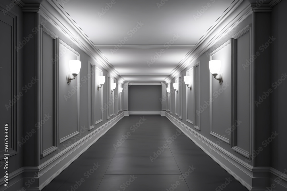 Illuminated corridor interior design. Empty Room Interior Background, creative ai