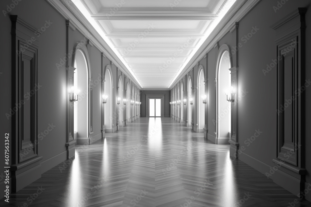 Illuminated corridor interior design. Empty Room Interior Background, creative ai