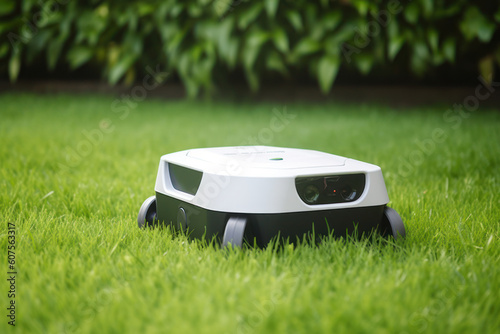 A clean lawn has a super small mowing robot charging on a charging post. AI