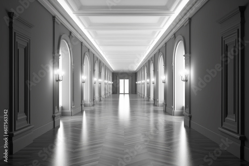 Illuminated corridor interior design. Empty Room Interior Background, creative ai